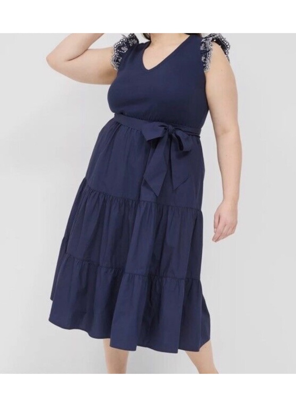 Eyelet-Sleeve Belted Midi Dress